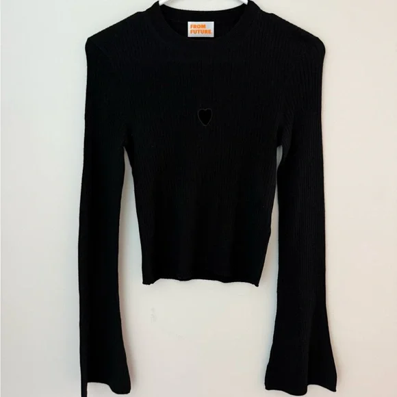 From Future Y2K 100% Wool Black Ribbed Sweater With Heart Cut Out NWT - Picture 1 of 5